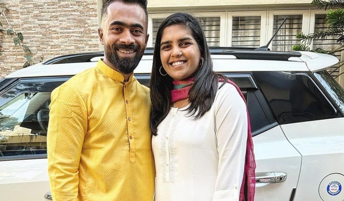 Indian woman cricketer Veda Krishnamurthy with husband